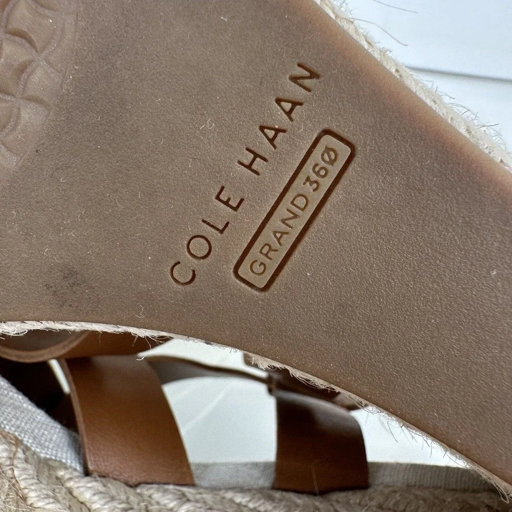 Cole Haan Grand 360 Crystal Espadrille Wedge Sandals Brown Leather Shoes Size 8B